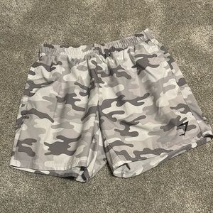 grey camo gymshark 5’ inseam athletic shorts